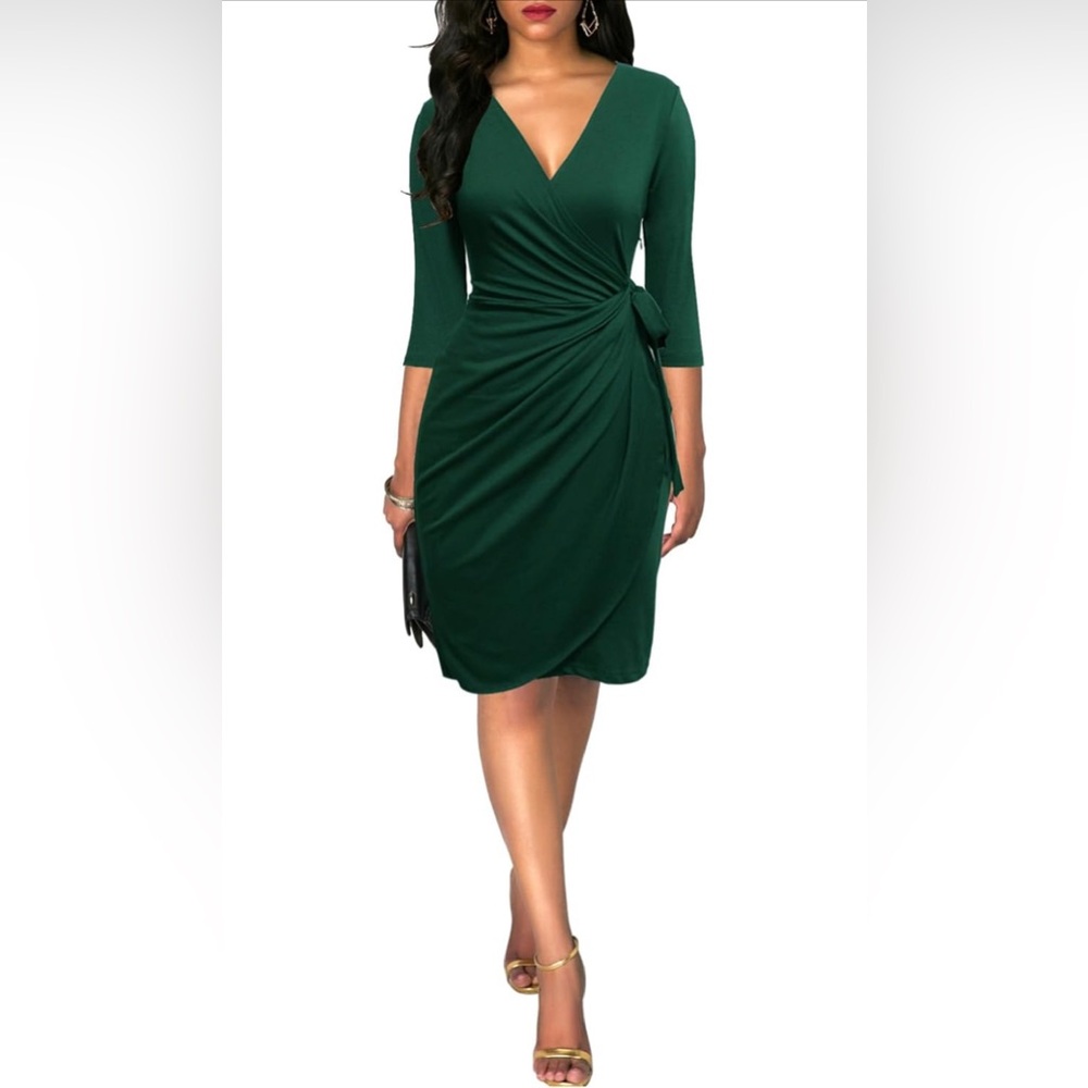 Berydress 3/4 Sleeve V Neck Faux Wrap Dress - Dark Green - Size L